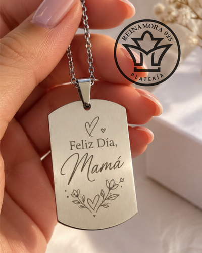 Dije Acero Quirúrgico Rectangular 43x24mm + Cadena + Grabado Para Mamá