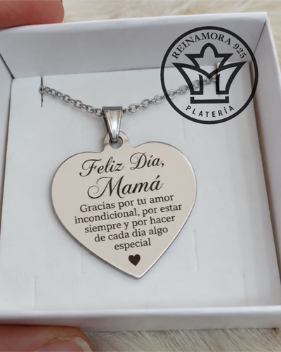 Dije Acero Quirúrgico Corazón 33x25mm + Cadena + Grabado Frase Mamá