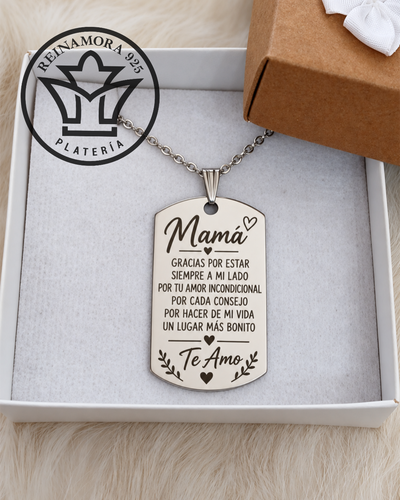 Dije Acero Quirúrgico Rectangular 43x24mm + Cadena + Grabado Frase Mamá