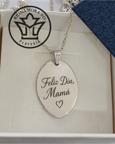 Dije Acero Quirúrgico Blanco Ovalado 32x30mm + Cadena + Grabado Para Mamá