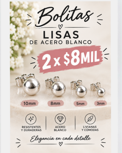 Promo 2 pares aros Acero Blanco Bolita lisas