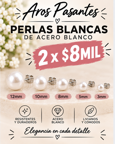 Promo 2 pares aros Acero Blanco Perlas