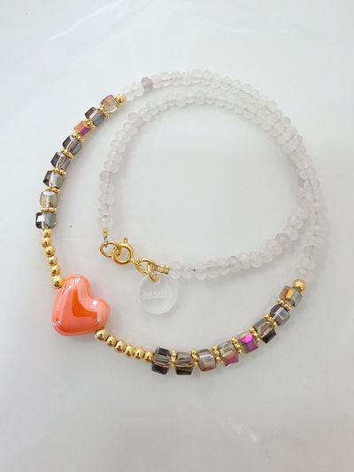 COLLAR - ORO LAMINADO - ÁGATAS Y CORAZÓN DE CERÁMICA 
