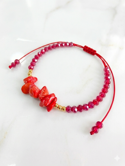 PULSERA - ORO LAMINADO - PIEDRA NATURAL CORAL REGULABLE