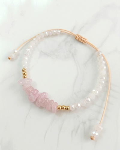 PULSERA - ORO LAMINADO - PIEDRA NATURAL CUARZO ROSA REGULABLE