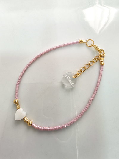 PULSERA - ORO LAMINADO - MIYUKI DELICA CORAZÓN NÁCAR ROSA
