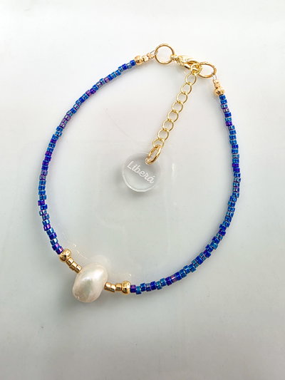PULSERA - ORO LAMINADO - MIYUKI DELICA PERLA DE RÍO AZUL