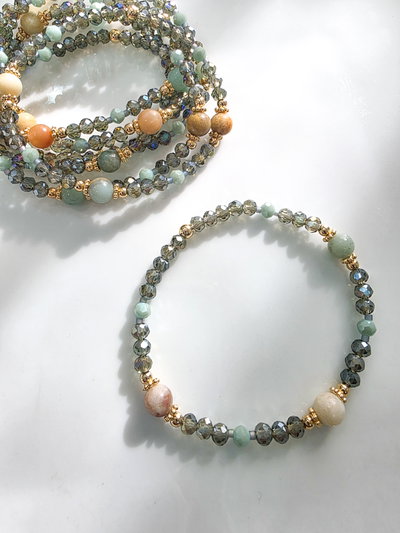 PULSERA - ORO LAMINADO - PIEDRA NATURAL AMAZONITA ELÁSTICA