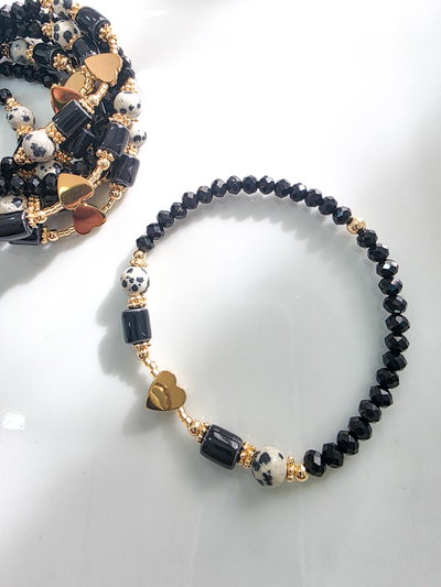 PULSERA - ORO LAMINADO - PIEDRA NATURAL JASPE DÁLMATA NEGRA ELÁSTICA