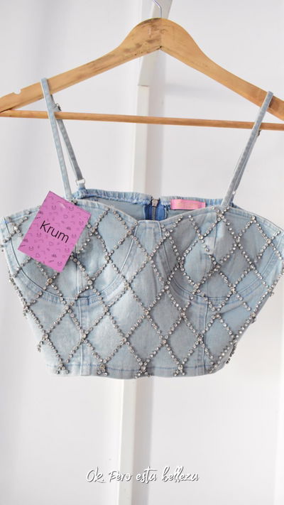 Top denim strass