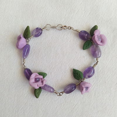 Pulsera plata 925, amatista y flores lilas