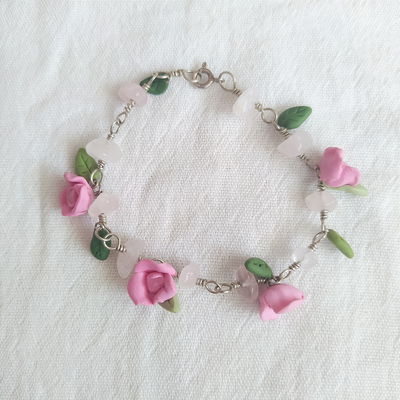 Pulsera plata 925, cuarzo rosa y flores rosas