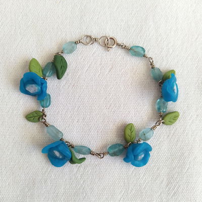 Pulsera plata 925, aquamarina y flores turquesas