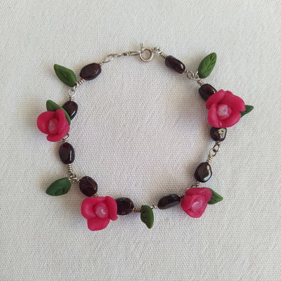 Pulsera plata 925, granate y flores color cereza