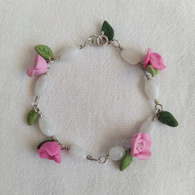 Pulsera plata 925, piedra de la luna y flores rosas