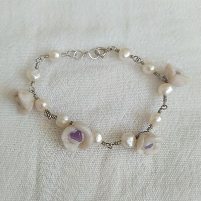 Pulsera plata 925, perlas blancas y flores blancas