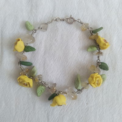Pulsera plata 925, cuarzo rutilado y flores amarillas.