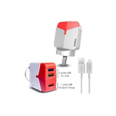 CARGADOR VIAJERO SOUL ROJO 3 SALIDAS USB 3,4A C/CABLE TIPO C