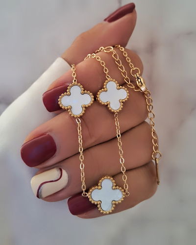 Collar Clovers Blanco Dije Grande 40-5cm Ac. Dorado 