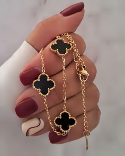 Collar Clovers Negro Dije Grande 40-5cm Ac. Dorado 
