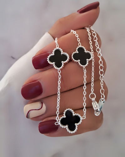 Collar Clovers Negro Dije Grande 40-5cm Ac. Blanco 