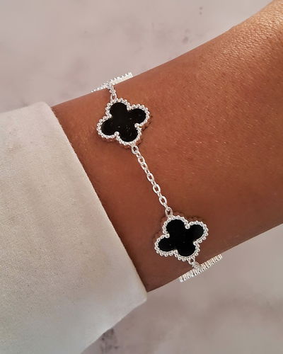 Pulsera Trébol Nácar Negro 18-3cm Ac. Blanco 