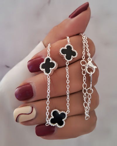 Collar Clovers Negro Dije Chico 40-5cm Ac. Blanco 