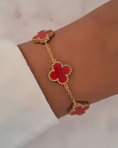 Pulsera Trébol Nácar Rojo 18-5cm Ac. Dorado