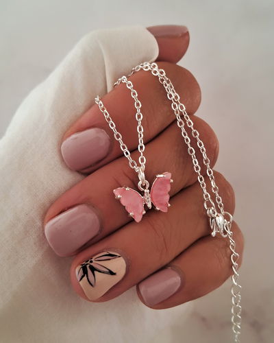 Collar Mariposa Nácar Fucsia 45-5cm Ac. Blanco 