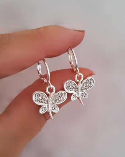 Argollas 10mm Libélula Strass Ac. Blanco 