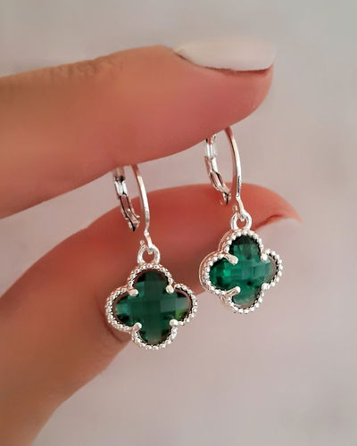 Argollas 10mm Trébol Verde Ac. Blanco 