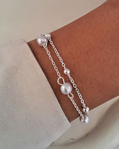 Pulsera Doble Pearl Bou 18-3cm Ac. Blanco 