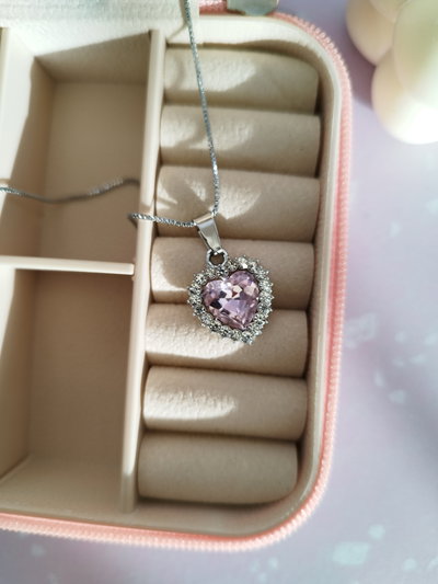 Collar corazon gema rosa plateado
