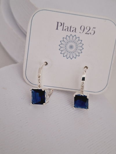 Aros de plata colgantes con cristal Azul Cuadrado