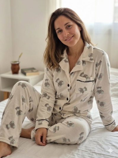 Pijama Plush Velvet Estampado – Conjunto Camisero de Dos Piezas