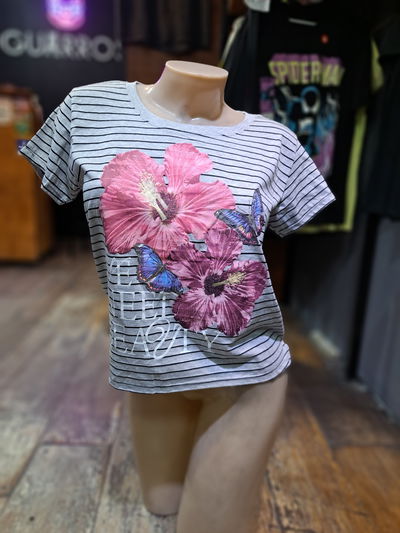 50cm Remera Rayada Gris Flores Beauty