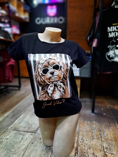 Remera Negra |Talle Único Mujer| Perrito Good Vibes