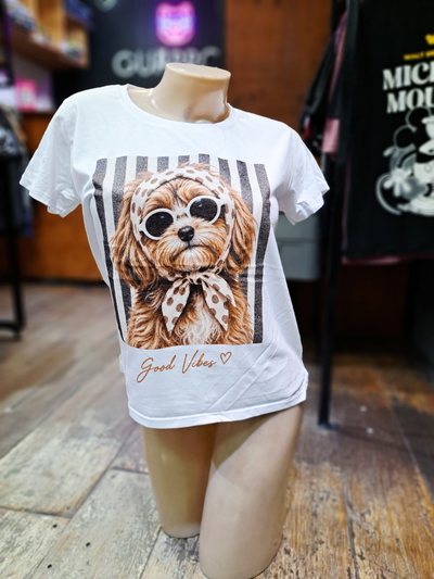 Remera Blanca |Talle Único Mujer| Perrito Good Vibes