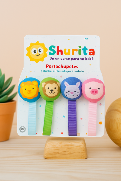 Portachupete con prendedor peluche sublimado por 4 unidades