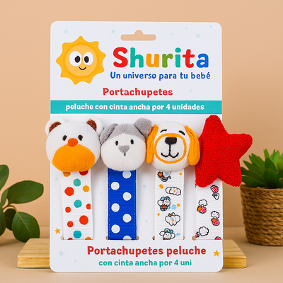 Portachupete ancha con prendedor peluche por 4 unidades