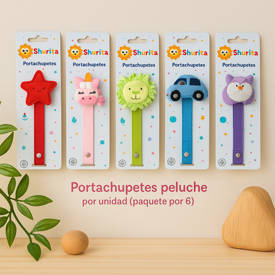 Portachupete con prendedor peluche envasado por unidad, paquete X6