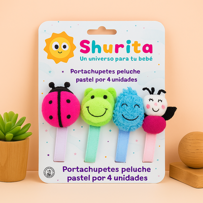 Portachupete pastel con prendedor peluche por 4 unidades
