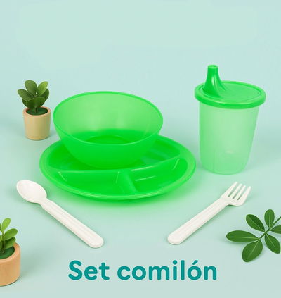 Set comilón: plato playo, bowl, vaso con pico y cubiertos