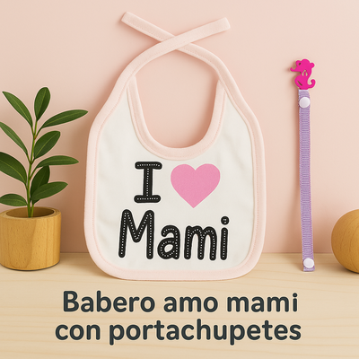 Babero amo mami de algodón, forrado en plástico, con portachupete 