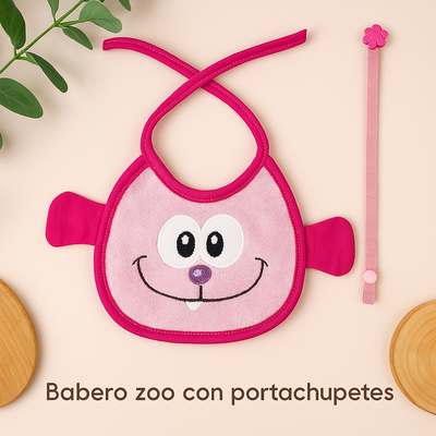 Babero zoo, forrado en plástico y con portachupete