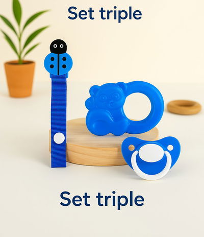 Set triple: mordillo osito, chupete y portachupete