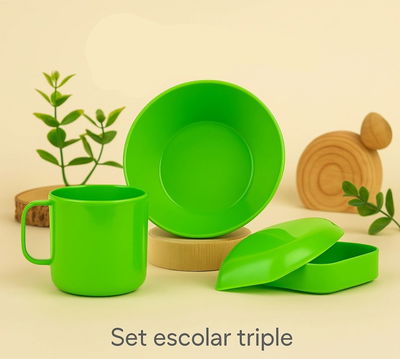 Set escolar triple: plato hondo, taza y jabonera