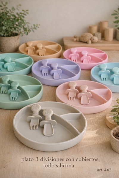 Plato 3 divisiones de silicona, con cubiertos de silicona