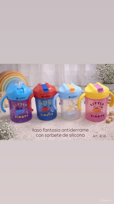 Vaso fantasía antiderrame con sorbete silicona y asas 280ml.
