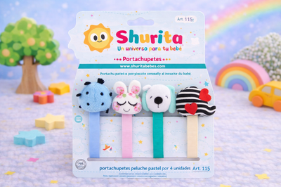 Portachupete pastel con prendedor peluche por 4 unidades